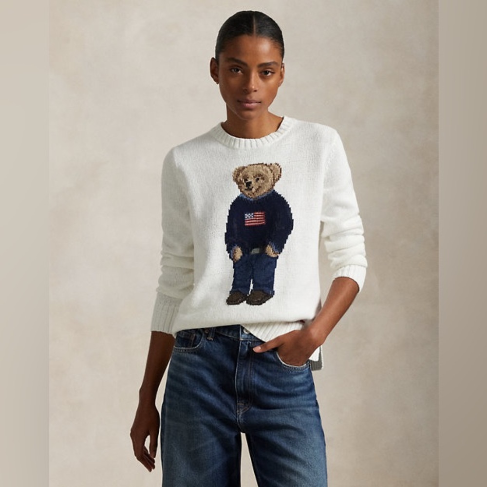 POLO RALPH LAUREN BEAR LINEN COTTON CREWNECK SWEATER IN DECKWASH WHITE MULTI - Picture 4 of 11